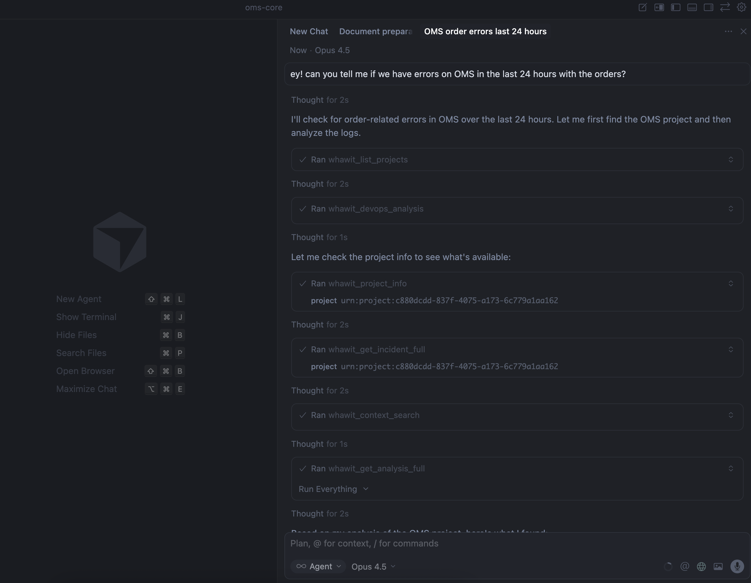 Whawit VS Code Extension showing project sidebar with incidents panel